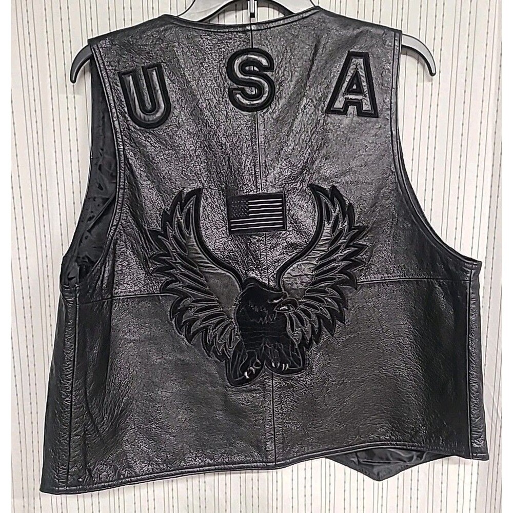 USA Leather Vest With Eagle Flag Patch USA Black Size Med Biker Soft Leathers